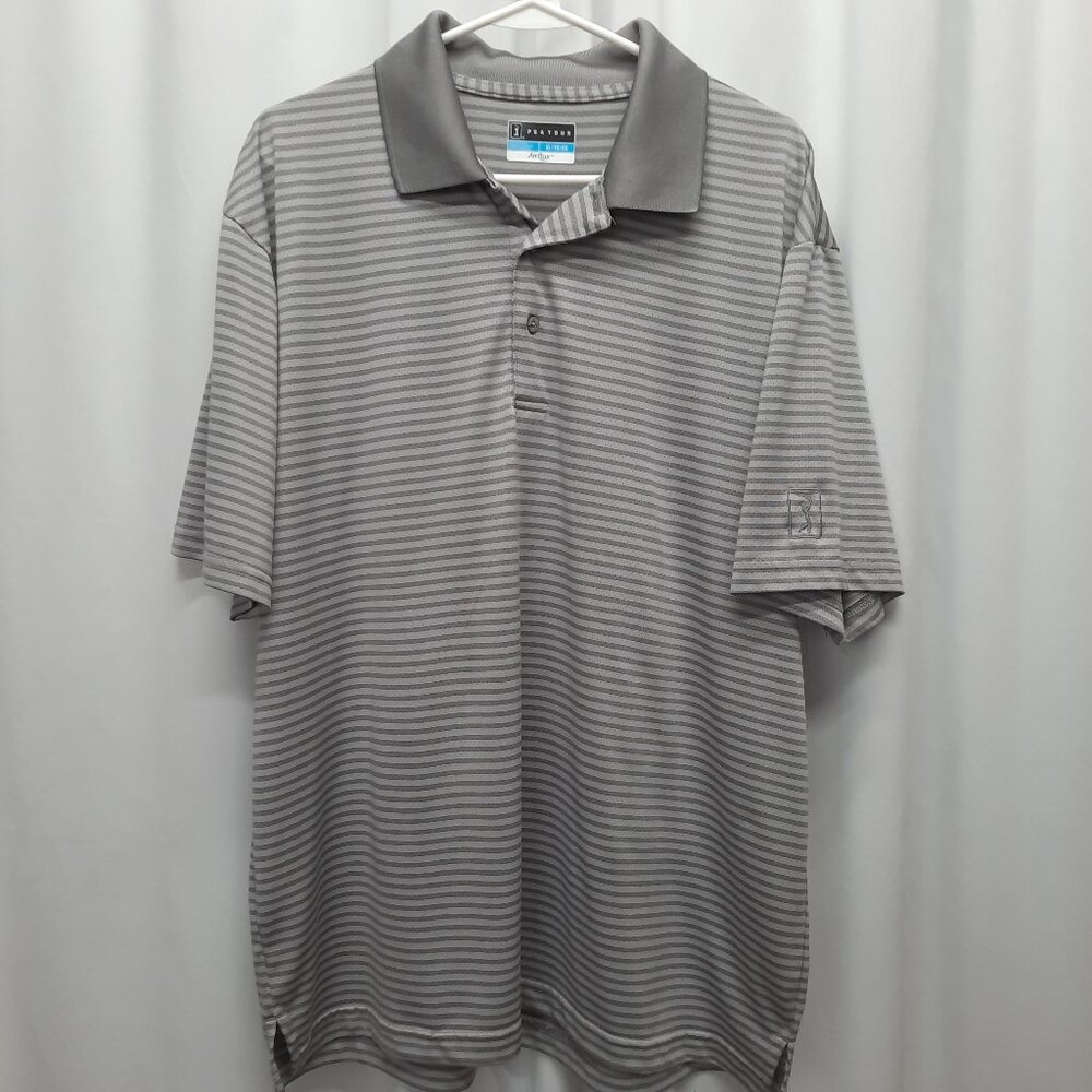 PGA Tour Airflux Mesh Polo Shirt Men's XL Gray Striped Short Sleeve Golf Top